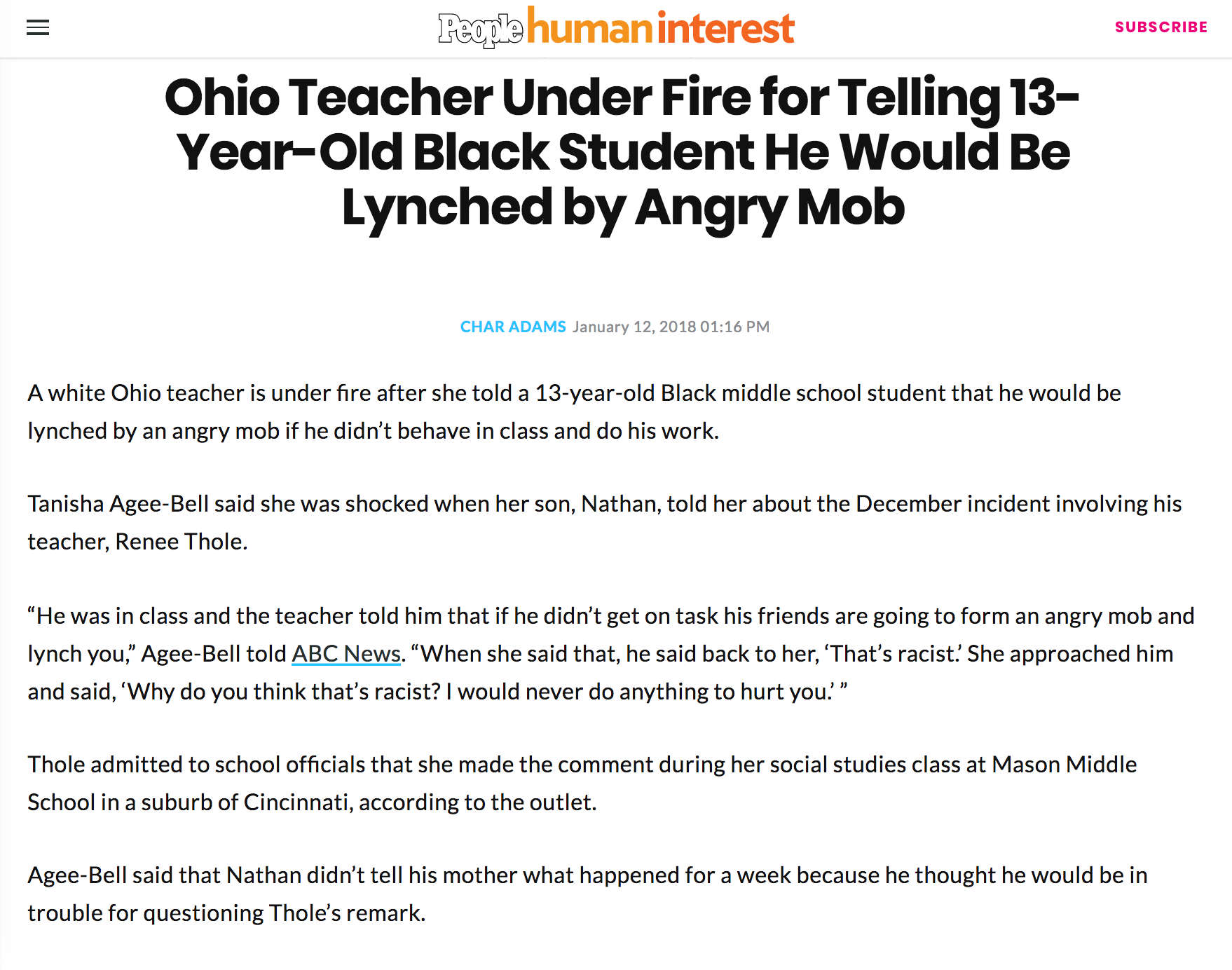 screen capture of the article, as it appeared online in 2018